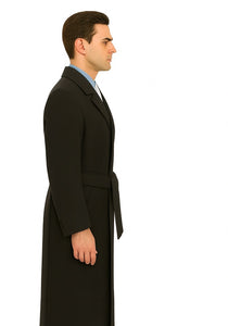 Men's Dress Coat Belted Very Dark Grey Almost Black Full Length Blend Long Men's Dress Topcoat -  Winter coat Very Dark Grey Almost Black Color - Men's Overcoat