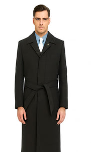 Men's Dress Coat Belted Very Dark Grey Almost Black Full Length Blend Long Men's Dress Topcoat -  Winter coat Very Dark Grey Almost Black Color - Men's Overcoat