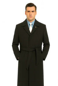 Men's Dress Coat Belted Very Dark Grey Almost Black Full Length Blend Long Men's Dress Topcoat -  Winter coat Very Dark Grey Almost Black Color - Men's Overcoat