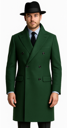 Men's Dress Coat Double Breasted Long Overcoat Olive Green