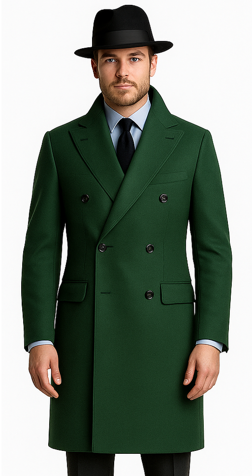 Men's Dress Coat Double Breasted Long Overcoat Olive Green
