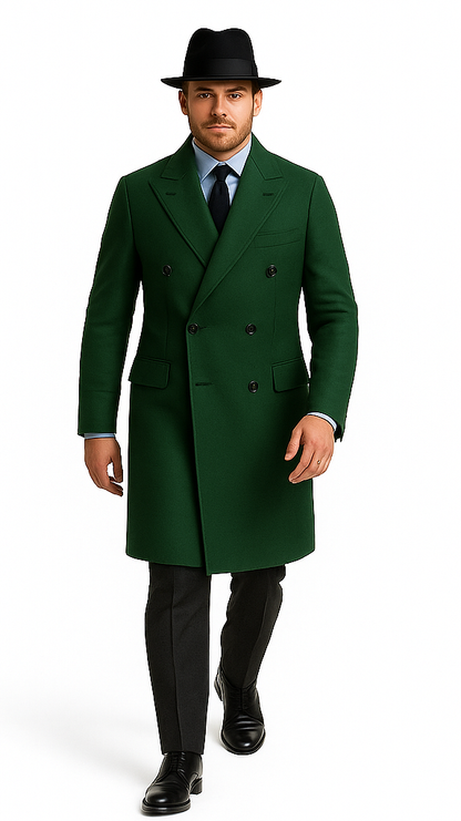 Men's Dress Coat Double Breasted Long Overcoat Olive Green - Image 3