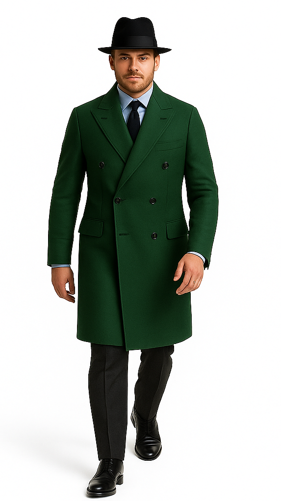 Men's Dress Coat Double Breasted Long Overcoat Olive Green - Image 3
