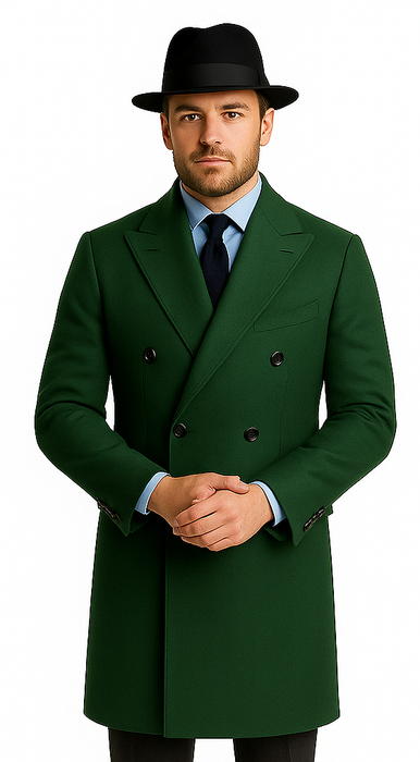 Men's Dress Coat Double Breasted Long Overcoat Olive Green