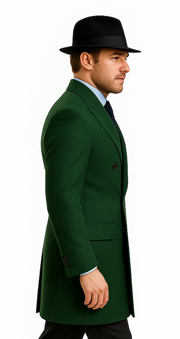 Men's Dress Coat Double Breasted Long Overcoat Olive Green