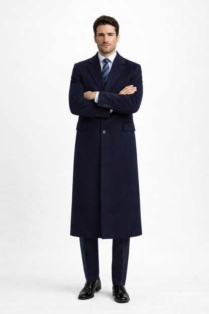 Men'S Dress Coat Long Wool Winter Dress Knee Length Coat 45 Inch Navy Blue Men'S Overcoat Classic Model Features Button Front Wool 3 Button Style Navy