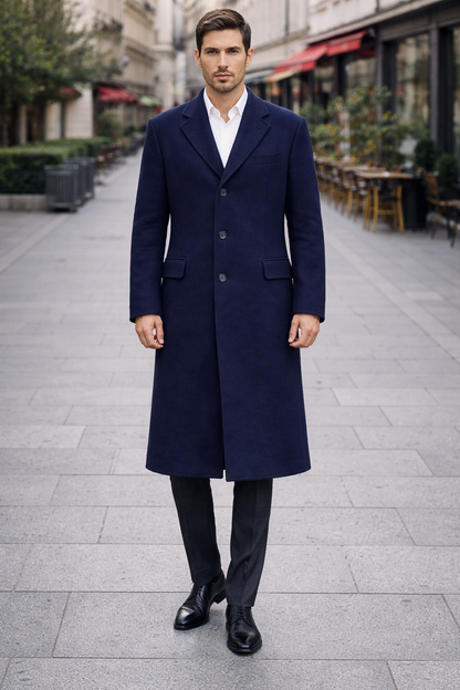 Men'S Dress Coat Long Wool Winter Dress Knee Length Coat 45 Inch Navy Blue Men'S Overcoat Classic Model Features Button Front Wool 3 Button Style - Image 7