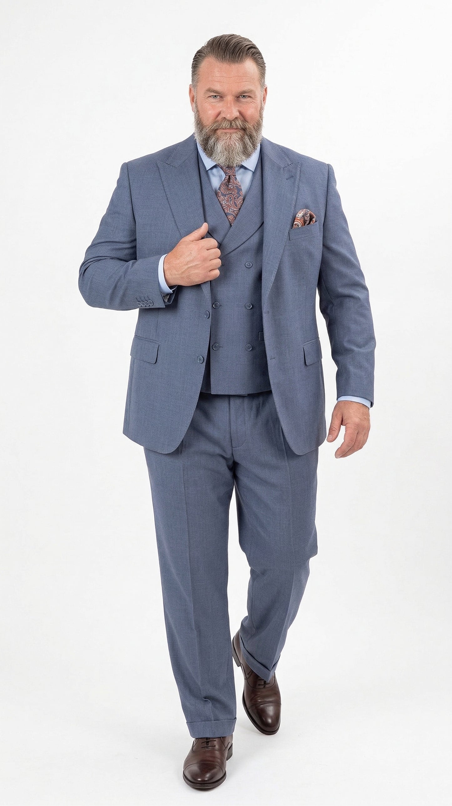 Mens Dusty Blue 3 Piece Suit 100% Wool Fabric – Classic Fit Wide Leg Pleated Pants Double Breasted Vest Formal Business Church Suit By Apollo King