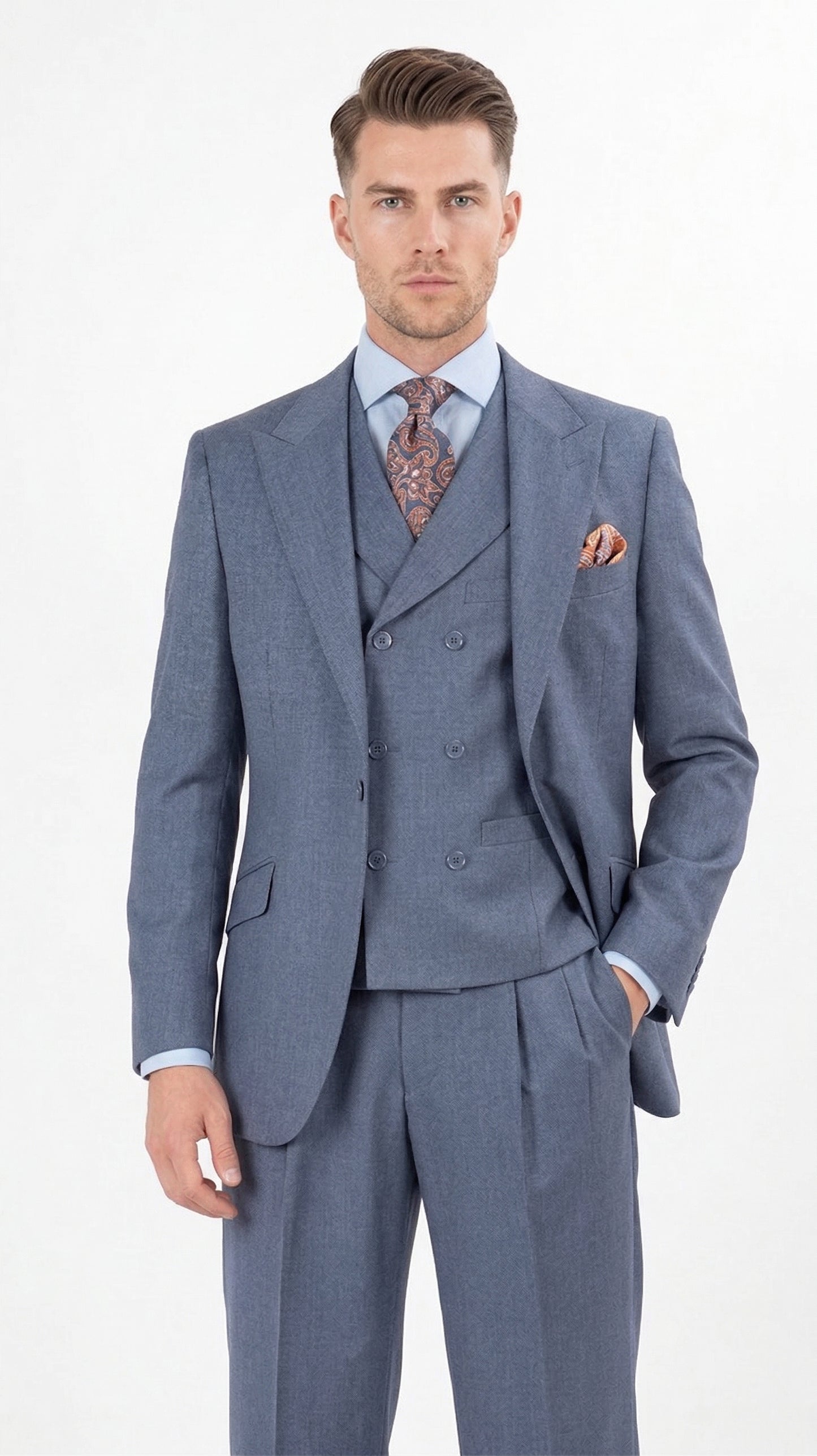Mens Dusty Blue 3 Piece Suit 100% Wool Fabric – Classic Fit Wide Leg Pleated Pants Double Breasted Vest Formal Business Church Suit By Apollo King