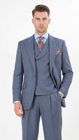 Mens Dusty Blue 3 Piece Suit 100% Wool Fabric – Classic Fit Wide Leg Pleated Pants Double Breasted Vest Formal Business Church Suit By Apollo King