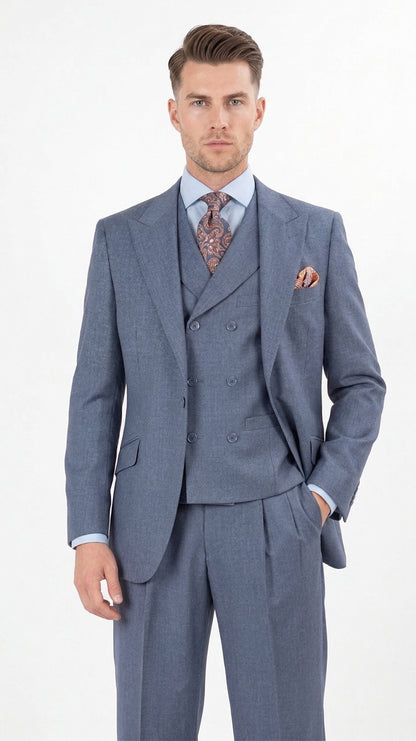 Mens Dusty Blue 3 Piece Suit 100% Wool Fabric – Classic Fit Wide Leg Pleated Pants Double Breasted Vest Formal Business Church Suit By Apollo King