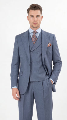 Mens Dusty Blue 3 Piece Suit 100% Wool Fabric – Classic Fit Wide Leg Pleated Pants Double Breasted Vest Formal Business Church Suit By Apollo King