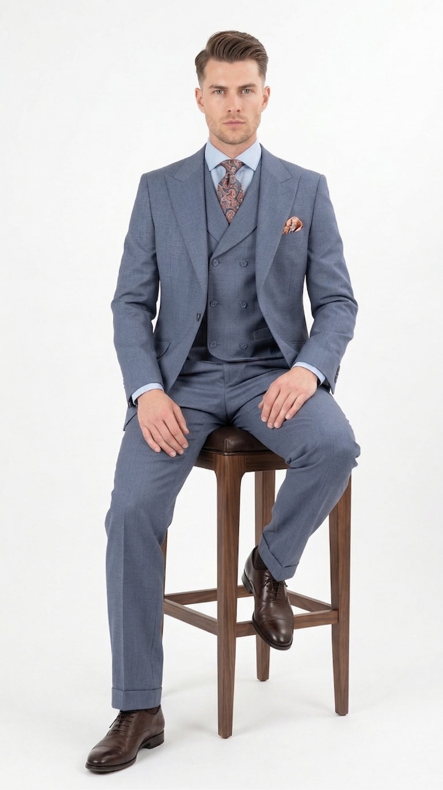 Mens Dusty Blue 3 Piece Suit 100% Wool Fabric – Classic Fit Wide Leg Pleated Pants Double Breasted Vest Formal Business Church Suit By Apollo King