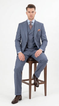 Mens Dusty Blue 3 Piece Suit 100% Wool Fabric – Classic Fit Wide Leg Pleated Pants Double Breasted Vest Formal Business Church Suit By Apollo King