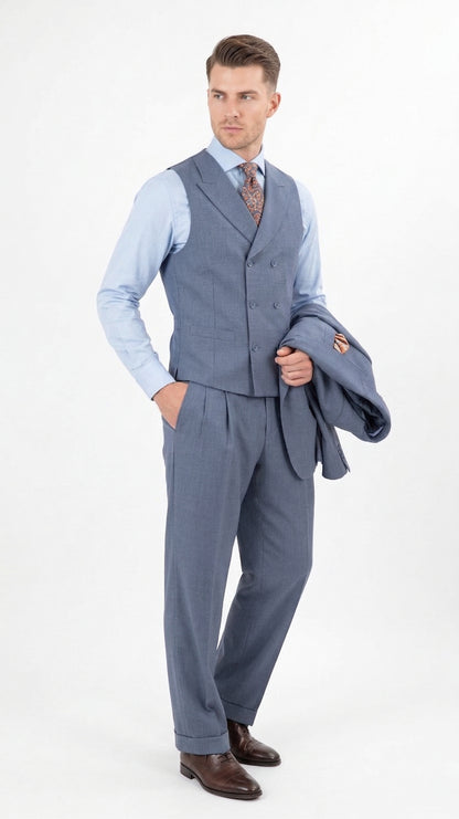 Mens Dusty Blue 3 Piece Suit 100% Wool Fabric – Classic Fit Wide Leg Pleated Pants Double Breasted Vest Formal Business Church Suit By Apollo King