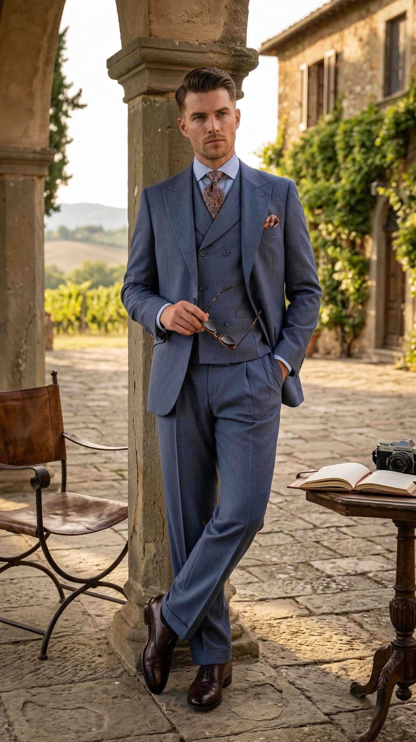 Mens Dusty Blue 3 Piece Suit 100% Wool Fabric – Classic Fit Wide Leg Pleated Pants Double Breasted Vest Formal Business Church Suit By Apollo King