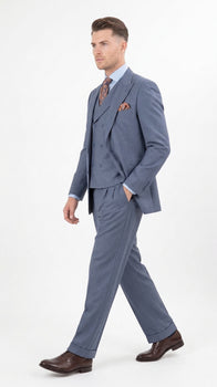 Mens Dusty Blue 3 Piece Suit 100% Wool Fabric – Classic Fit Wide Leg Pleated Pants Double Breasted Vest Formal Business Church Suit By Apollo King