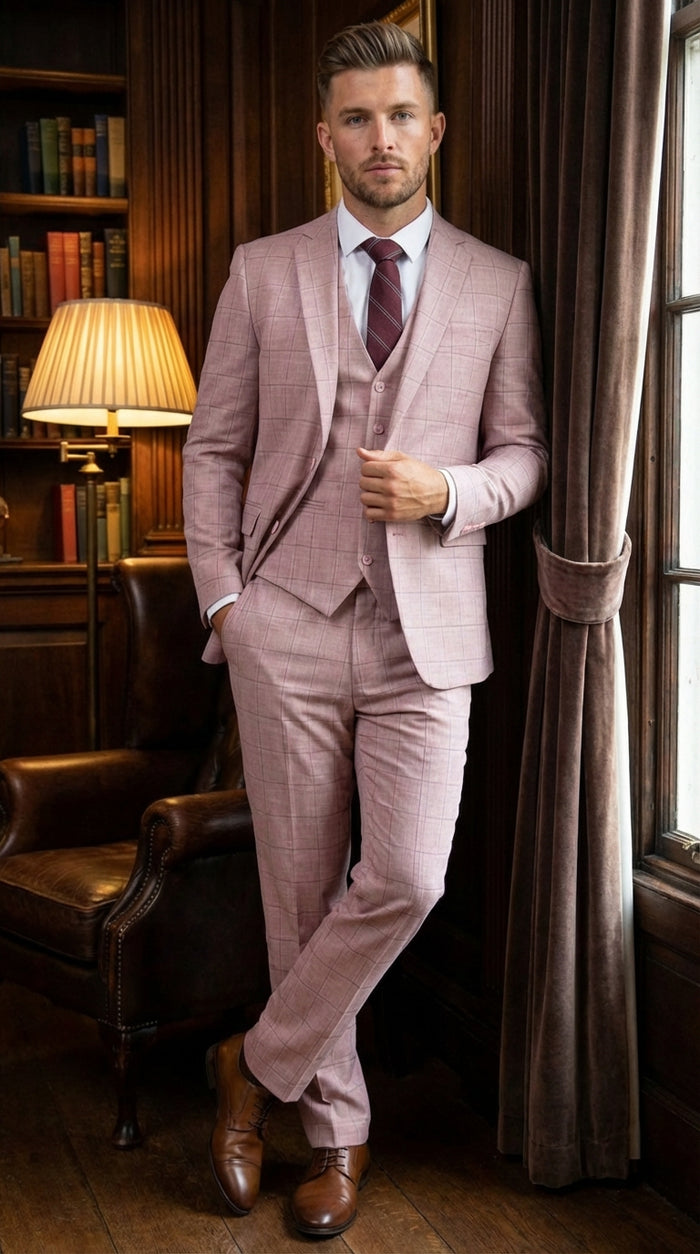 Mens Dusty Rose Three Piece Plaid Suit – Pink Check Wedding and Business Formal Suit Set Windowpane Pattern  Modern Fit