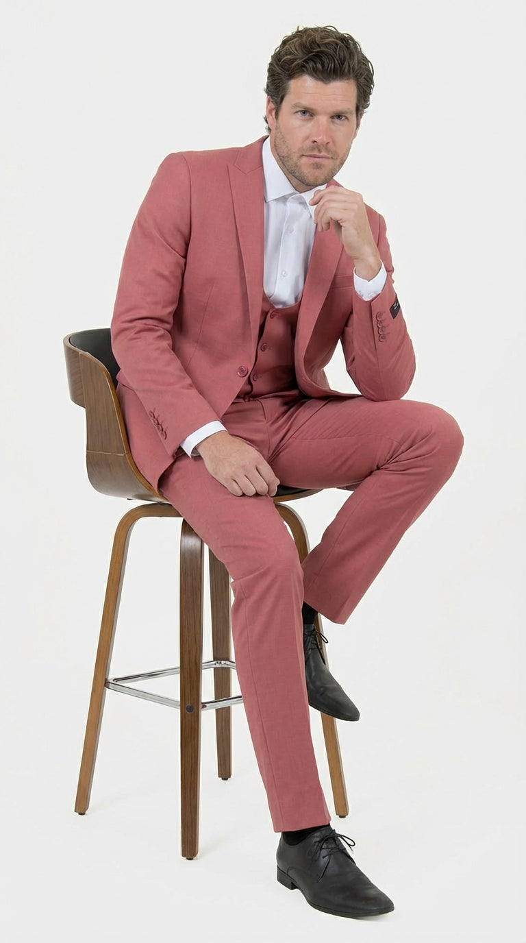 Men’s Dusty Rose Three Piece Suit – Modern Formal 3PC Wedding and Prom Suit - Pink Coloe Modern Fit