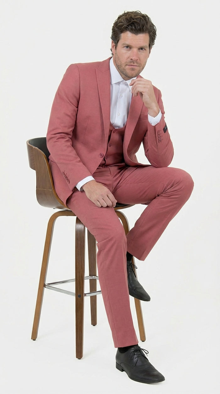 Men’s Dusty Rose Three Piece Suit – Modern Formal 3PC Wedding and Prom Suit - Pink Coloe Modern Fit