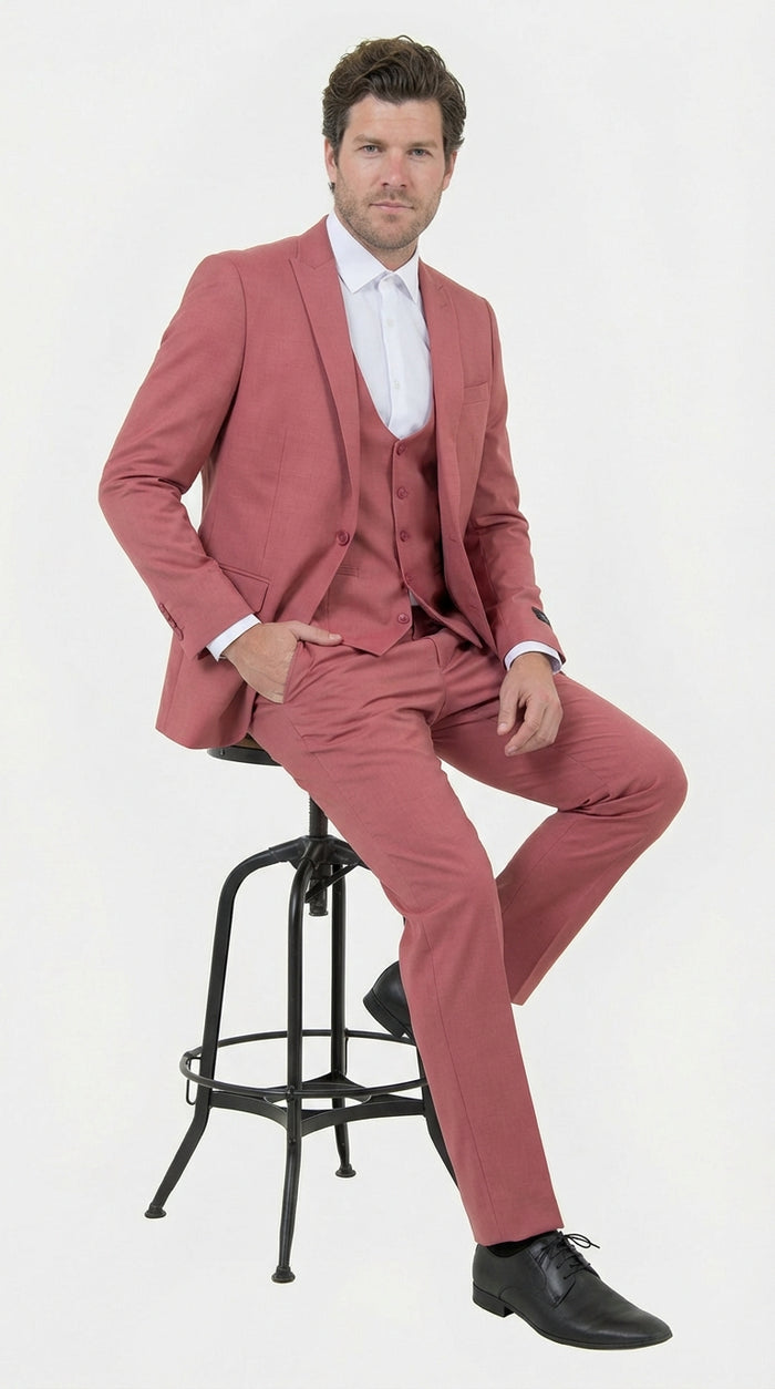 Men’s Dusty Rose Three Piece Suit – Modern Formal 3PC Wedding and Prom Suit - Pink Coloe Modern Fit