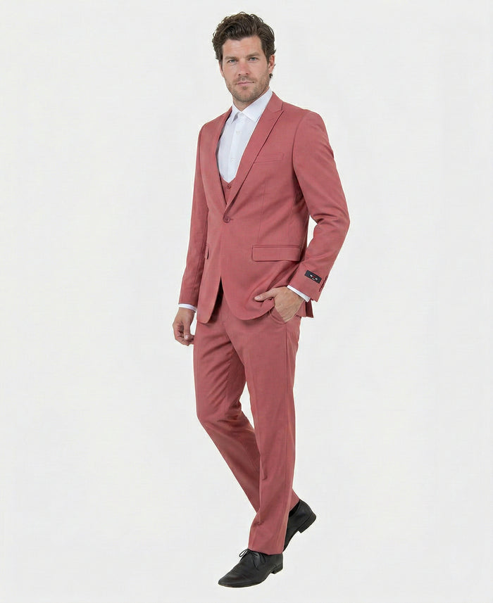 Men’s Dusty Rose Three Piece Suit – Modern Formal 3PC Wedding and Prom Suit - Pink Coloe Modern Fit
