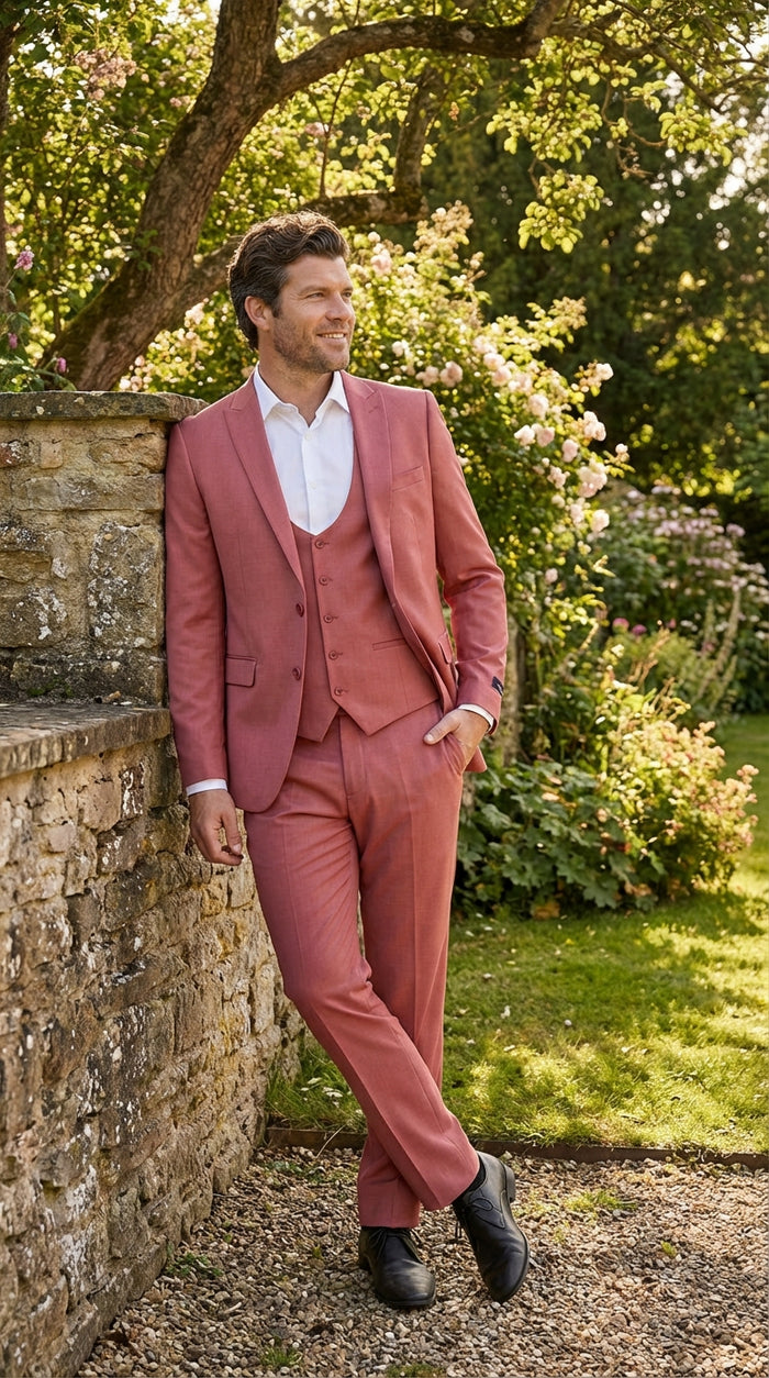 Men’s Dusty Rose Three Piece Suit – Modern Formal 3PC Wedding and Prom Suit - Pink Coloe Modern Fit