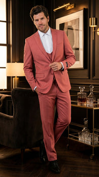 Men’s Dusty Rose Three Piece Suit – Modern Formal 3PC Wedding and Prom Suit - Pink Coloe Modern Fit