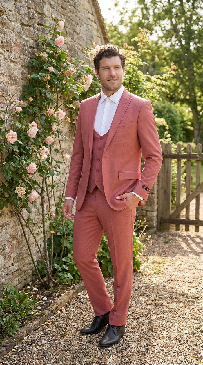 Men’s Dusty Rose Three Piece Suit – Modern Formal 3PC Wedding and Prom Suit - Pink Coloe Modern Fit