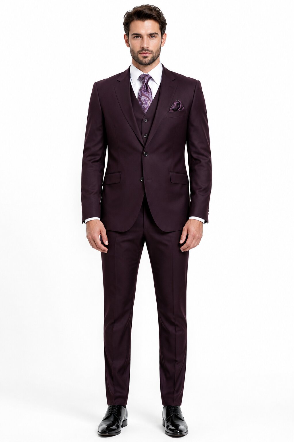 Mens 2 Button  Vested Wool Suit in Eggplant Modern Fit