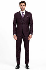 Mens 2 Button  Vested Wool Suit in Eggplant Modern Fit