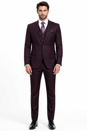 Mens 2 Button Modern Fit Vested Wool Suit in Eggplant