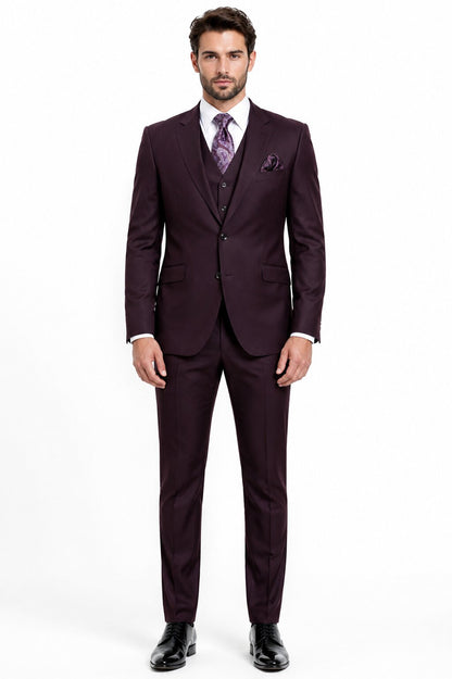 Mens 2 Button  Vested Wool Suit in Eggplant Modern Fit