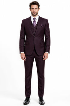 Mens 2 Button Modern Fit Vested Wool Suit in Eggplant