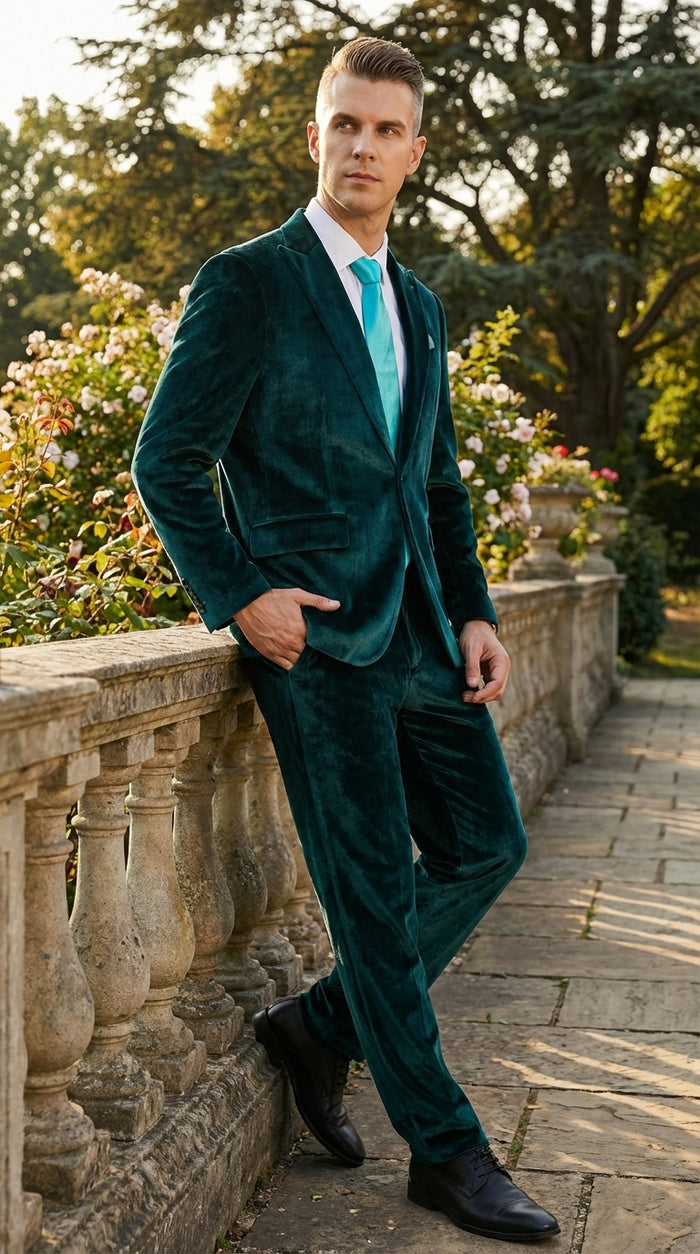 Mens Emerald Green Teal Blue Velvet Suit – Luxury Two Piece Formal Evening Suit Modern Fit