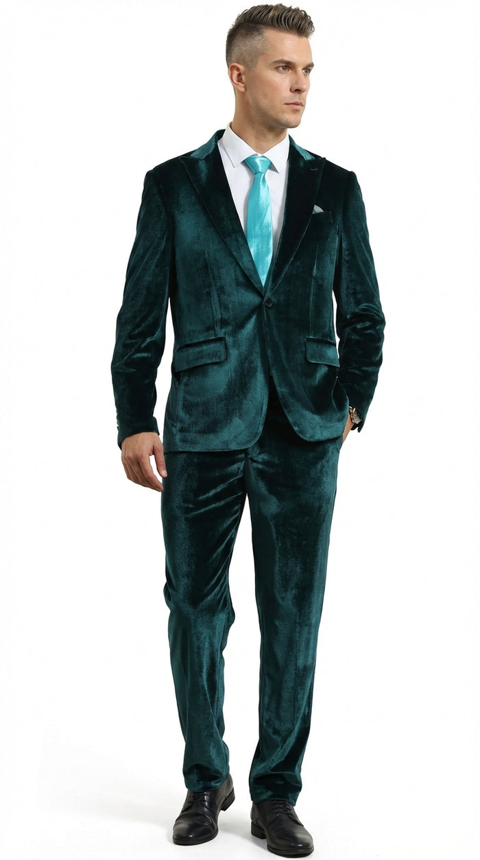 Mens Emerald Green Teal Blue Velvet Suit – Luxury Two Piece Formal Evening Suit Modern Fit