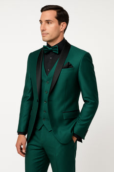 Mens Emerald Green Tuxedo with Black Satin Shawl Lapel 3 Piece Forma MensUSA Mens Emerald Green Tuxedo with Black Satin Shawl Lapel 3 Piece Forma MensUSA