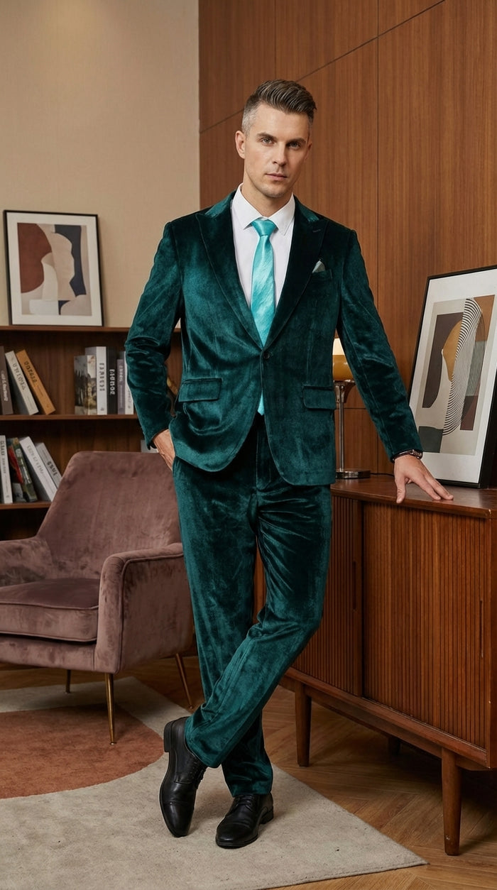 Mens Emerald Green Teal Blue Velvet Suit – Luxury Two Piece Formal Evening Suit Modern Fit