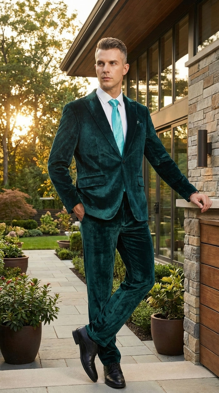 Mens Emerald Green Teal Blue Velvet Suit – Luxury Two Piece Formal Evening Suit Modern Fit