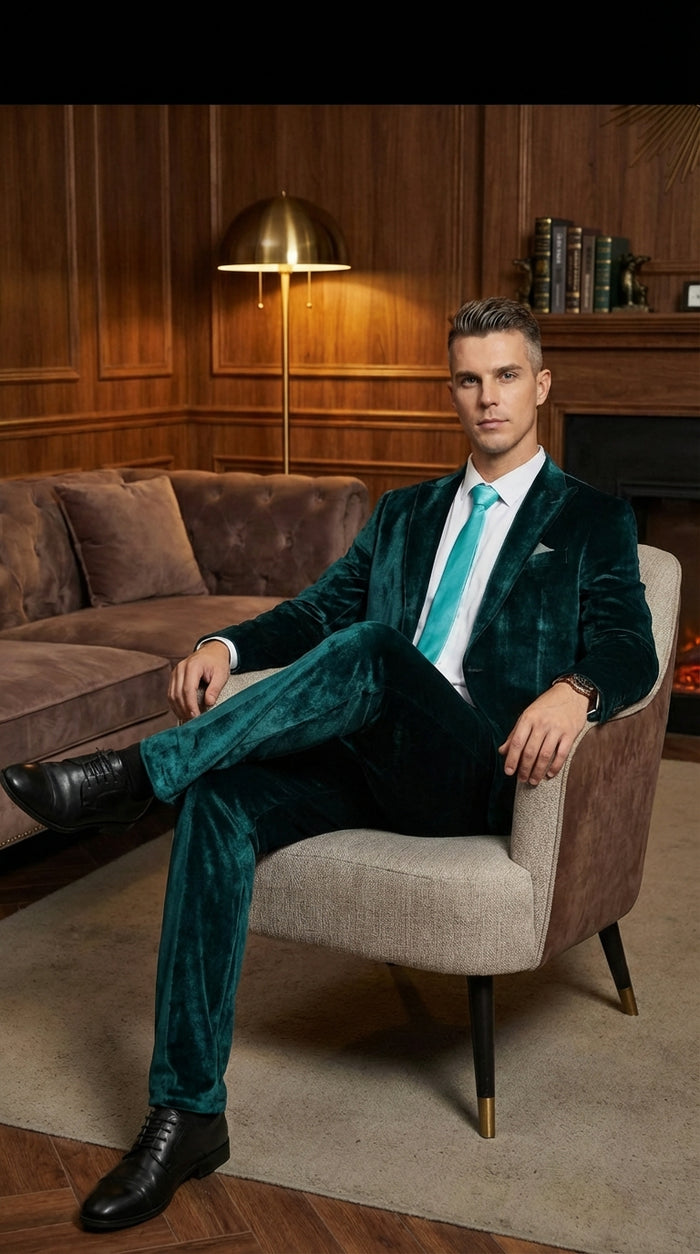 Mens Emerald Green Teal Blue Velvet Suit – Luxury Two Piece Formal Evening Suit Modern Fit