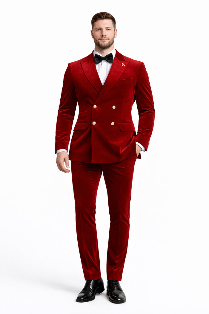 Mens Velvet Suit - Slim Fit Double Breasted Suit Blazer and Pants - Green