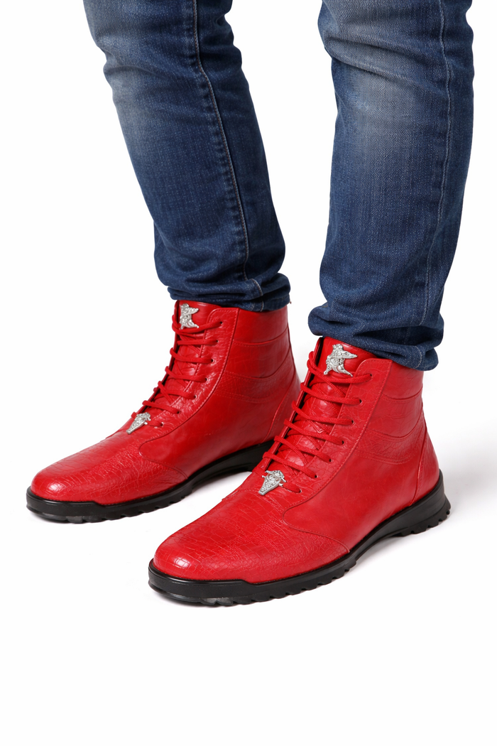Mens Exotic Sneakers - Alligator Sneakers By Brand  in Color Red