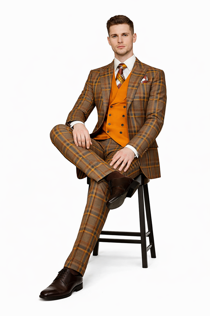 Mens Two Button Peak Lapel Suit Brown ~ Yellow