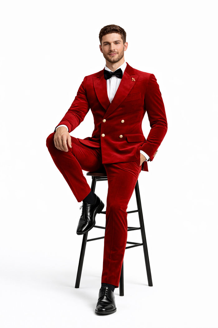 Mens Velvet Suit - Slim Fit Double Breasted Suit Blazer and Pants - Green