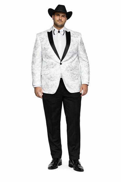 Men's Flashy Fancy Satin Shiny Tuxedo Dinners Jacket Blazer Paisley Sport Coat Silky Satin Stage Fancy Stage Party Dance White/Black