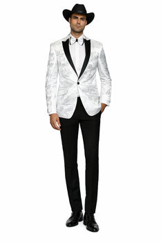 Men's Flashy Fancy Satin Shiny Tuxedo Dinners Jacket Blazer Paisley Sport Coat Silky Satin Stage Fancy Stage Party Dance White/Black
