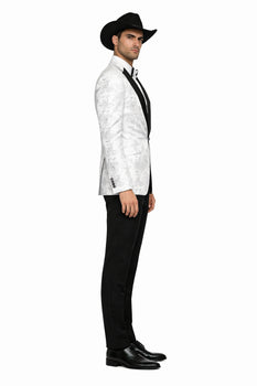 Men's Flashy Fancy Satin Shiny Tuxedo Dinners Jacket Blazer Paisley Sport Coat Silky Satin Stage Fancy Stage Party Dance White/Black