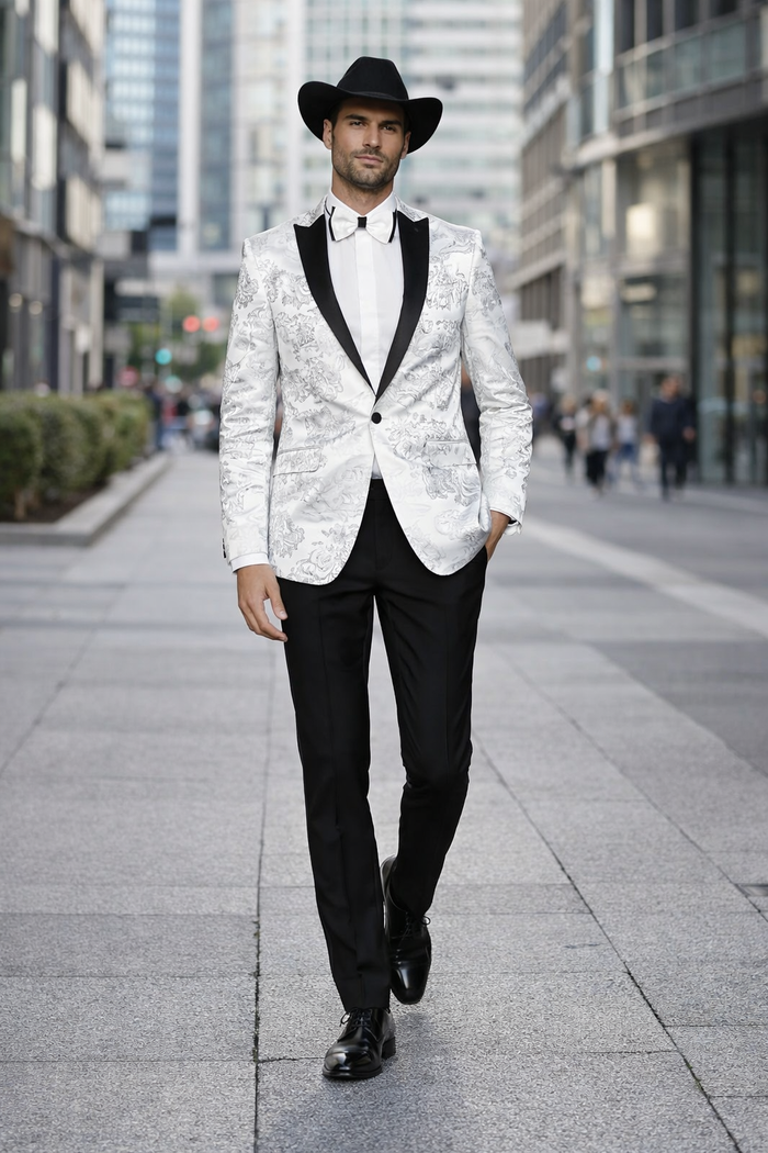 Men's Flashy Fancy Satin Shiny Tuxedo Dinners Jacket Blazer Paisley Sport Coat Silky Satin Stage Fancy Stage Party Dance White/Black
