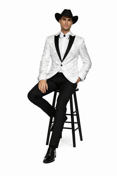 Men's Flashy Fancy Satin Shiny Tuxedo Dinners Jacket Blazer Paisley Sport Coat Silky Satin Stage Fancy Stage Party Dance White/Black