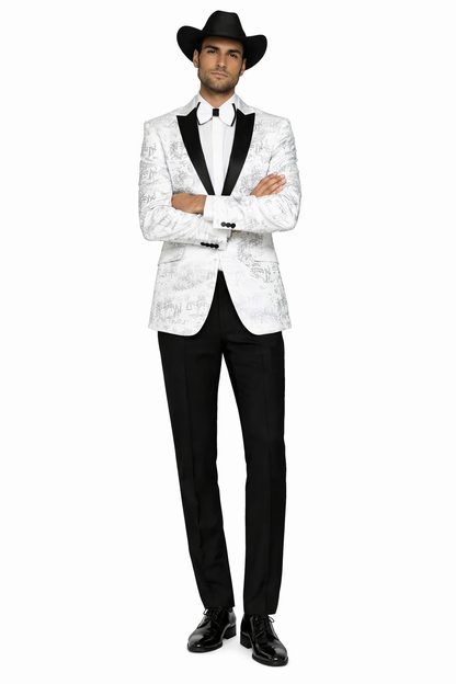 Men's Flashy Fancy Satin Shiny Tuxedo Dinners Jacket Blazer Paisley Sport Coat Silky Satin Stage Fancy Stage Party Dance White/Black